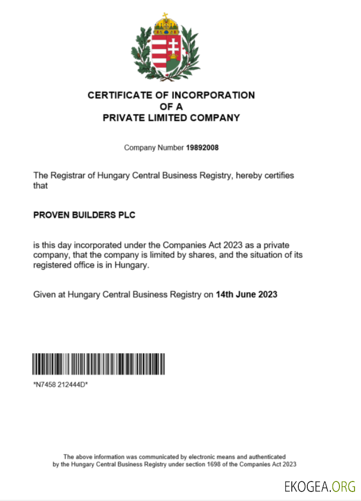 Modèle Word et PDF de certificat d'enregistrement de la Hongrie